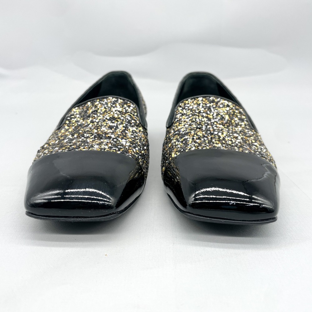 Chanel Womens 38.5 8.5 Glitter Loafers CC Black Gold Patent Leather Cap Toe Flat - Picture 3 of 9